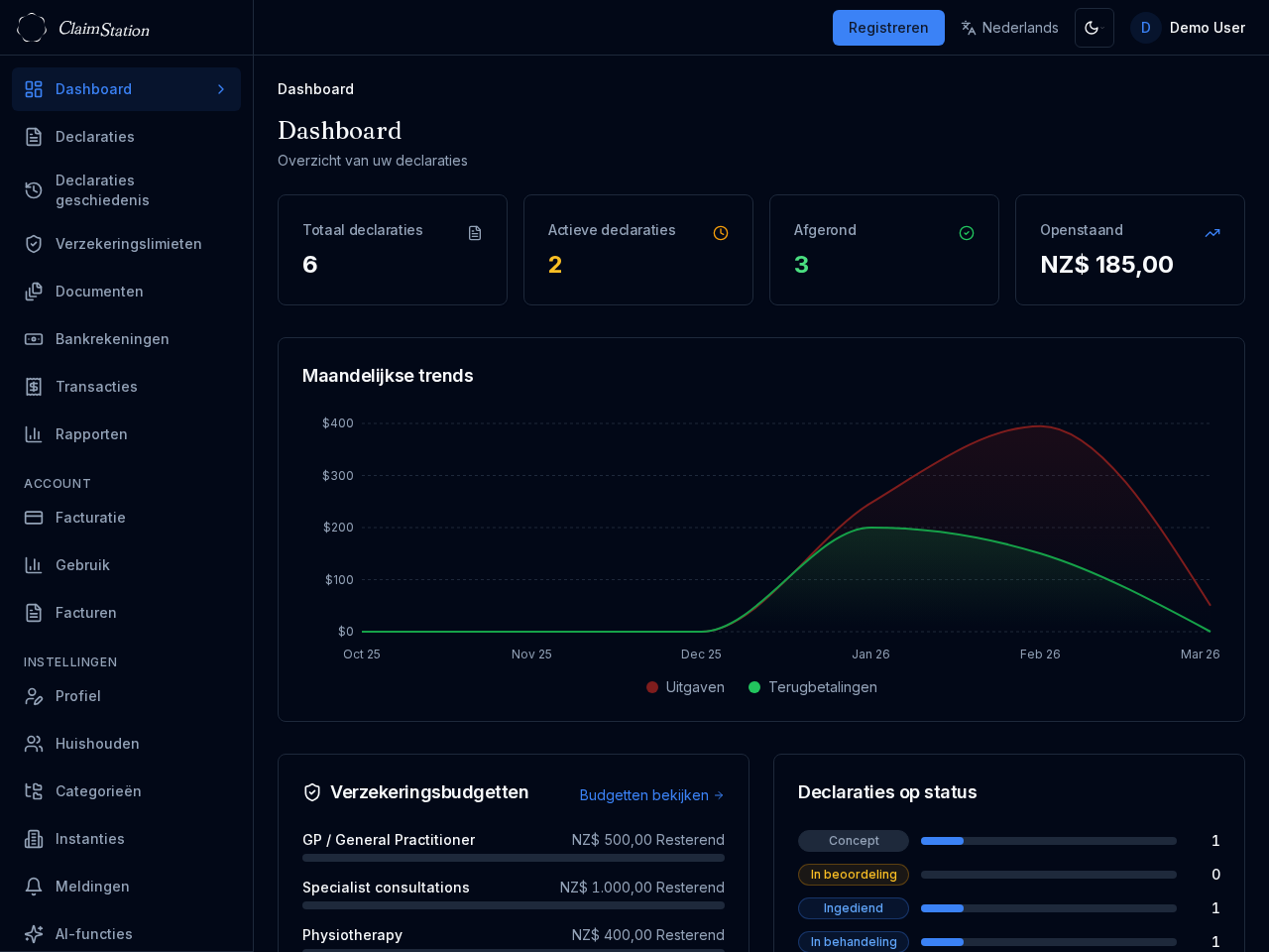 ClaimStation-dashboard met overzicht van claims